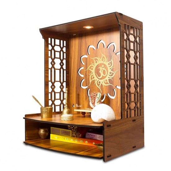 Maha Mangal Beautiful Wooden Pooja Mandir for Home Temple for Home and Office Puja Mandir Wall with LED Spot Light Size (H- 18, L- 15, W-11 Inch)